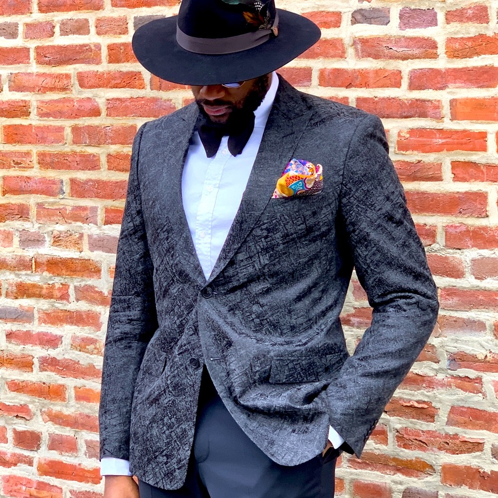 VERSACE Black Wet Effect Blazer Peak Lapel